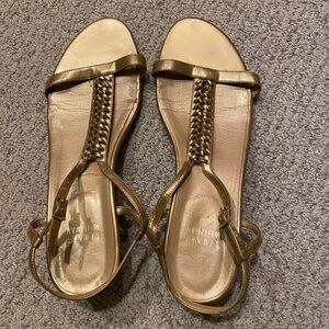 Stuart Weitzman Metallic Gold Braided T-Strap Sandals – Size 8.5